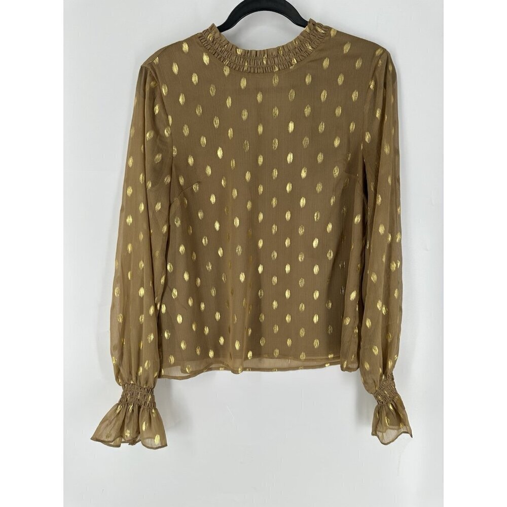 Pomander Pace Tan Gold Celeste Blouse Mock Neck Sheer Shimmer Blouse S Read